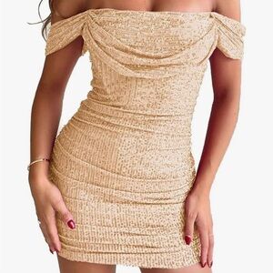 New Year's sparkly dress holiday Sequin champagne dress sz 6  off shoulder